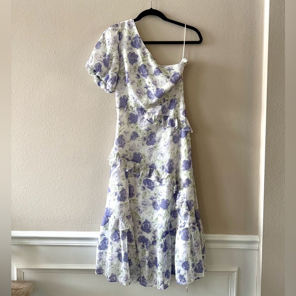 NWT One Shoulder Purple Floral Midi Dress Size Small